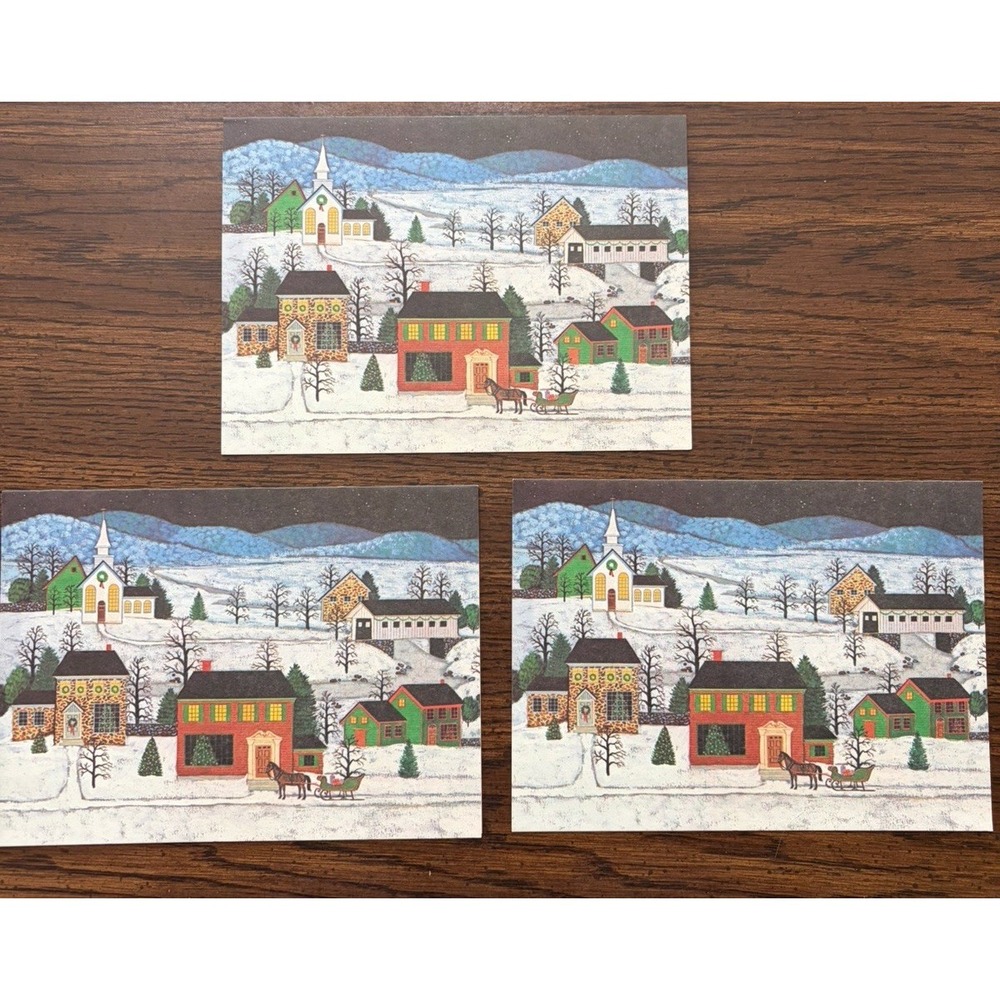 Vintage 1980s Current‎ Christmas Cards Set Of 3 Folk Art Winter Village